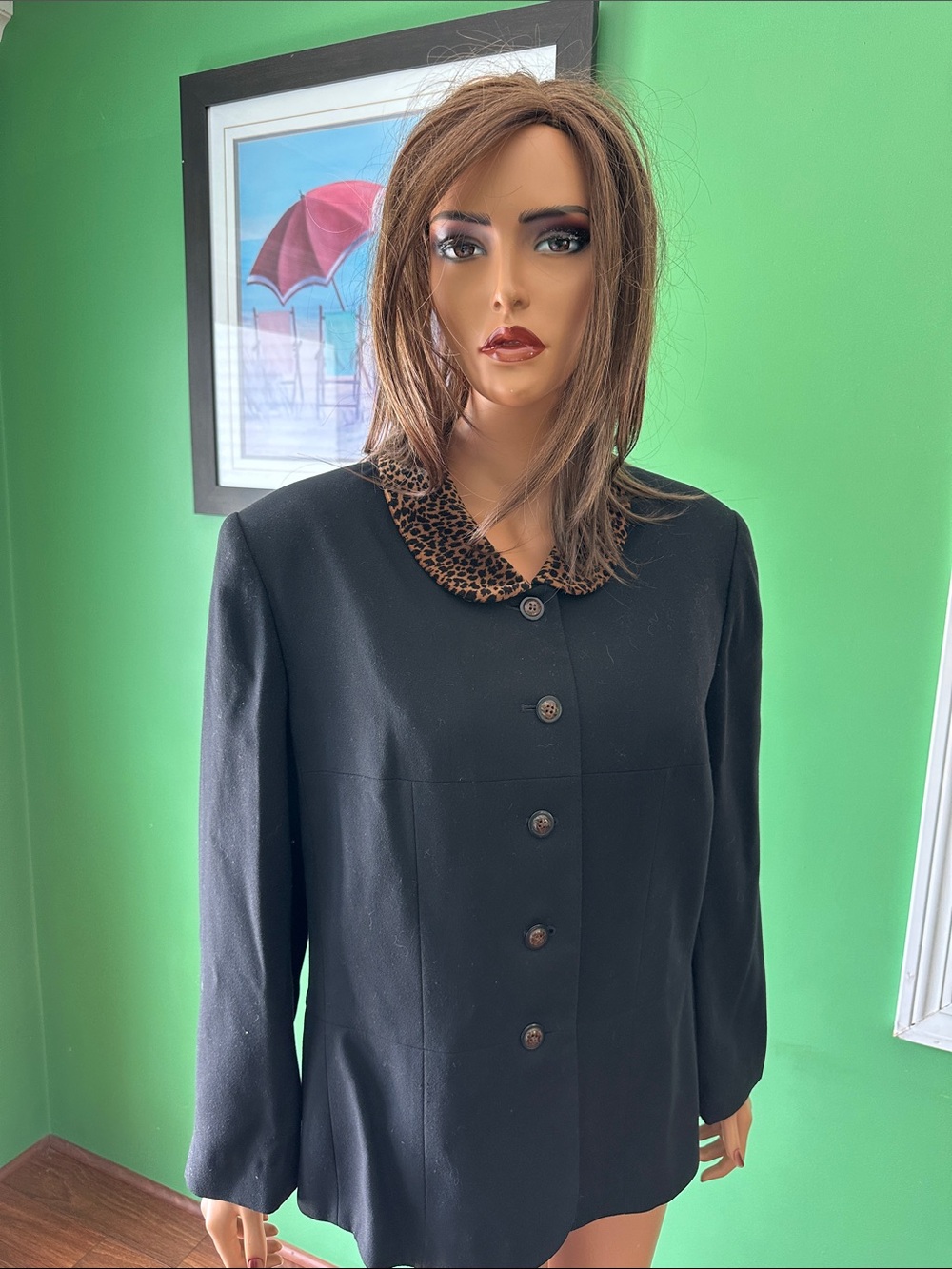 🌼🌼EUC Vintage Le Suit Black Blazer with Leopard Print Collar🌼🌼